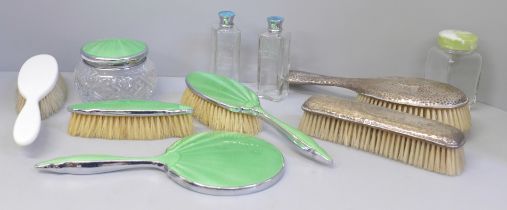 A hand painted guilloche enamel dressing table set, silver backed brushes, Asprey brush and scent