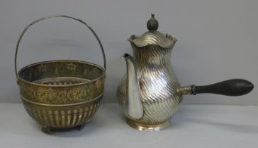 A silver plated chocolate pot and pierced bon-bon basket