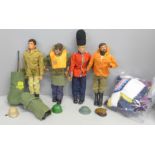 Four vintage Action Man figures and associated clothing