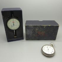 A silver cased pocket watch and a Baty dial gauge