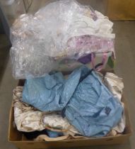 A box of lady's vintage clothing including Edwardian ball gown, lace dress, blue gown, etc., and a