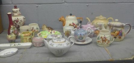 Mixed china including a Fox Hunting tea set, decorative tea pots, commemorative china, Poole