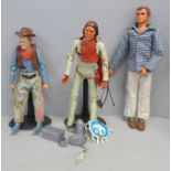 Three vintage action figures including Six Million Dollar Man and Johnny West