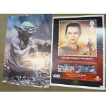 Two original large Star Wars posters, approximately 100 x 70cm, Yoda 1980 and Rey 2015, Royal Mail