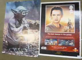 Two original large Star Wars posters, approximately 100 x 70cm, Yoda 1980 and Rey 2015, Royal Mail