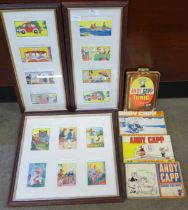 Three framed sets of humorous seaside postcards and four Andy Capp softback books