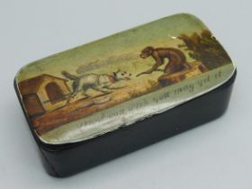 A papier mache snuff box with pictorial lid, 'Don't You Wish You May Get It', 7.5cm
