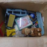 A box of early Dinky and Corgi die-cast model vehicles, a clockwork chimpanzee, a/f and three