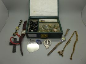 A jewellery box containing costume jewellery, a fob, crucifix, watch, etc.