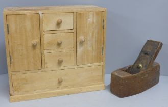 A vintage wood plane, a/f and a balsa wood cabinet