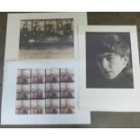 Three Beatles unframed prints, George Harrisonx2 and Beatles in Hamburg