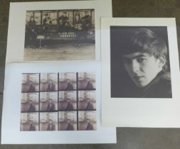 Three Beatles unframed prints, George Harrisonx2 and Beatles in Hamburg