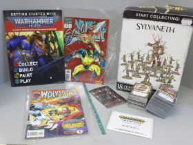 Warhammer 18 Citadel miniatures, boxed, two Marvel Comics Wolverine and a Warhammer brochure and