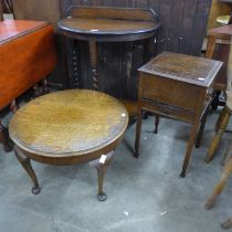 An oak barleytwist demi-lune hall table, an oak coffee table and sewing box