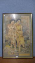 An oriental print, portrait of two ladies, framed