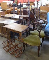 A pair of Victorian mahogany chairs, an oak barleytwist occasional table, a wine rack, etc.