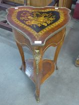 A French Louis XV style walnut, gilt metal mounted and simulated marquetry triangular gueridon table