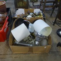 Two boxes of assorted vintage table lamps, wall lights, etc.