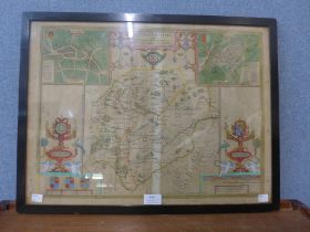 A 17th Century John Speede coloured engraved map, Rutlandshire with Oukham and Stanford, framed
