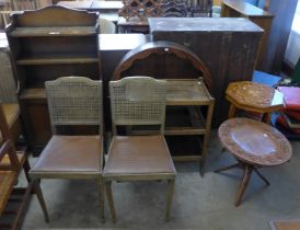 An oak bookcase, a Sorrento ware musical jewellery table, two folding chairs, etc.