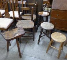 Three Victorian elm stools, another stool and a pair of beech rush seated chairs