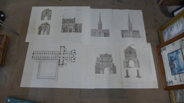Four architectural prints, approx. 70 x 100cms from Norwich Cathedral, Ichnography and views of