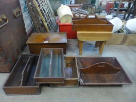 Four Victorian oak cutlery trays and two others