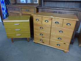 A pine chest of drawers and a simulated teak chest of drawers