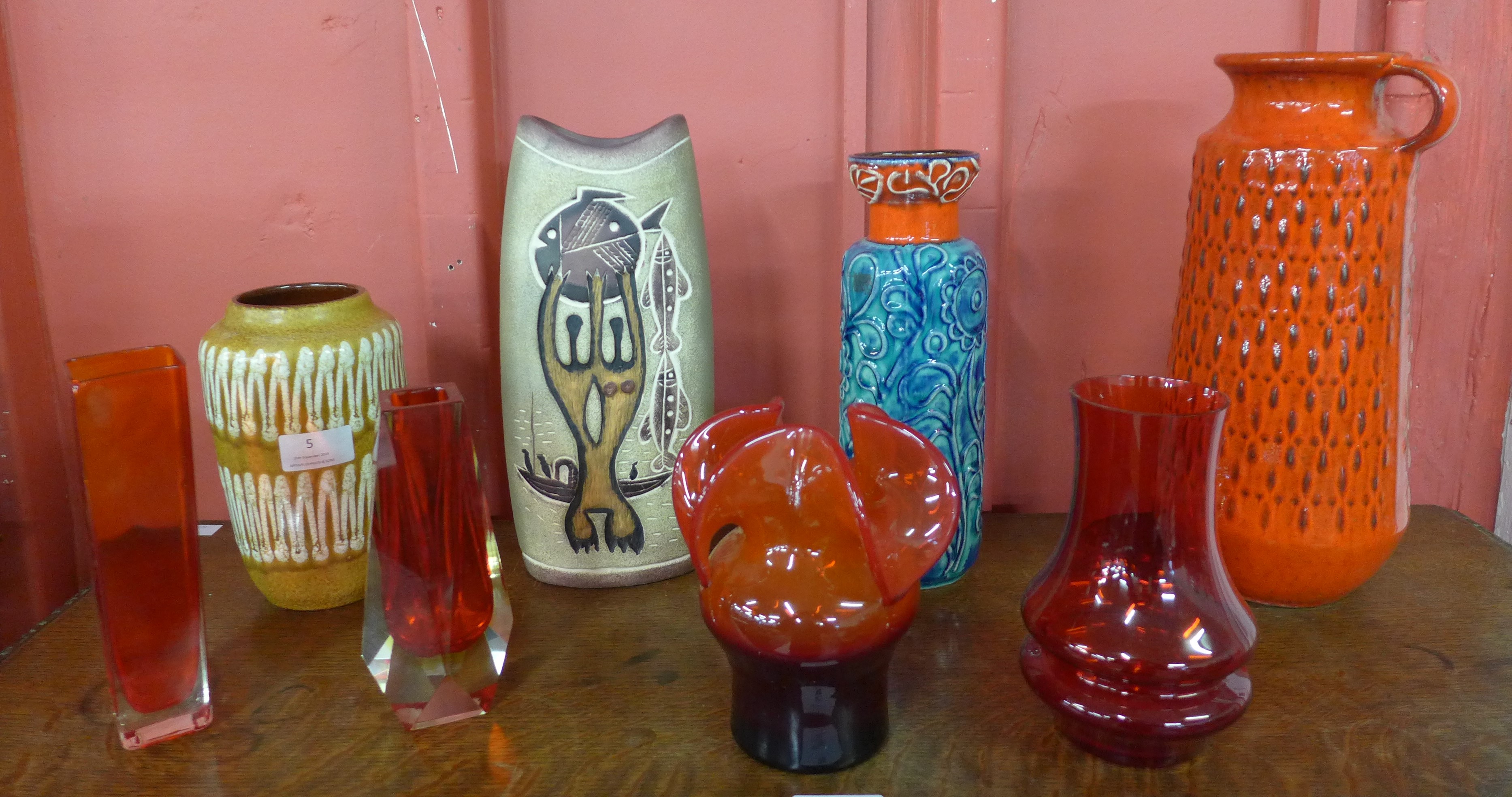 Three assorted West German pottery vases, one other vase and four studio glass vases