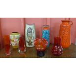 Three assorted West German pottery vases, one other vase and four studio glass vases