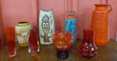 Three assorted West German pottery vases, one other vase and four studio glass vases