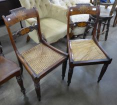 A pair of Regency inlaid mahogany and bergere seated side chairs