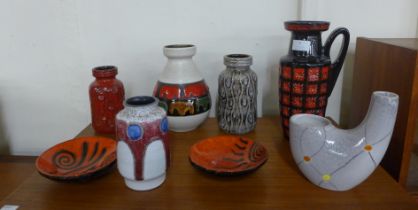 Six assorted West German pottery vases and two studio pottery bowls