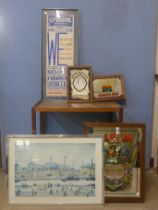 Three assorted vintage advertising mirrors, a Lowry print and one other