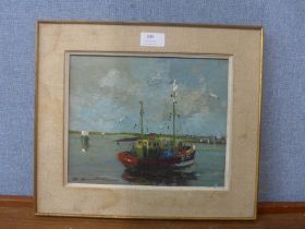 French Impressionist School, fishing trawler in a harbour, oil on canvas, indistinctly signed,