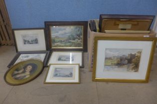 A box of 19th Century and later framed engravings, prints, etc.