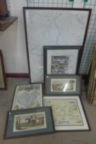 Two horse racing watercolours, three maps and one other