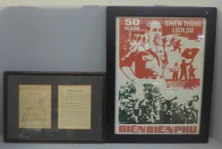 A Vietnamese poster; 50 Years of Dien Bien Phu Historic Victory and two mounted pages - Almanack