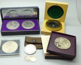 A collection of coins including commemorative crowns, an 1887 double florin, two three pence