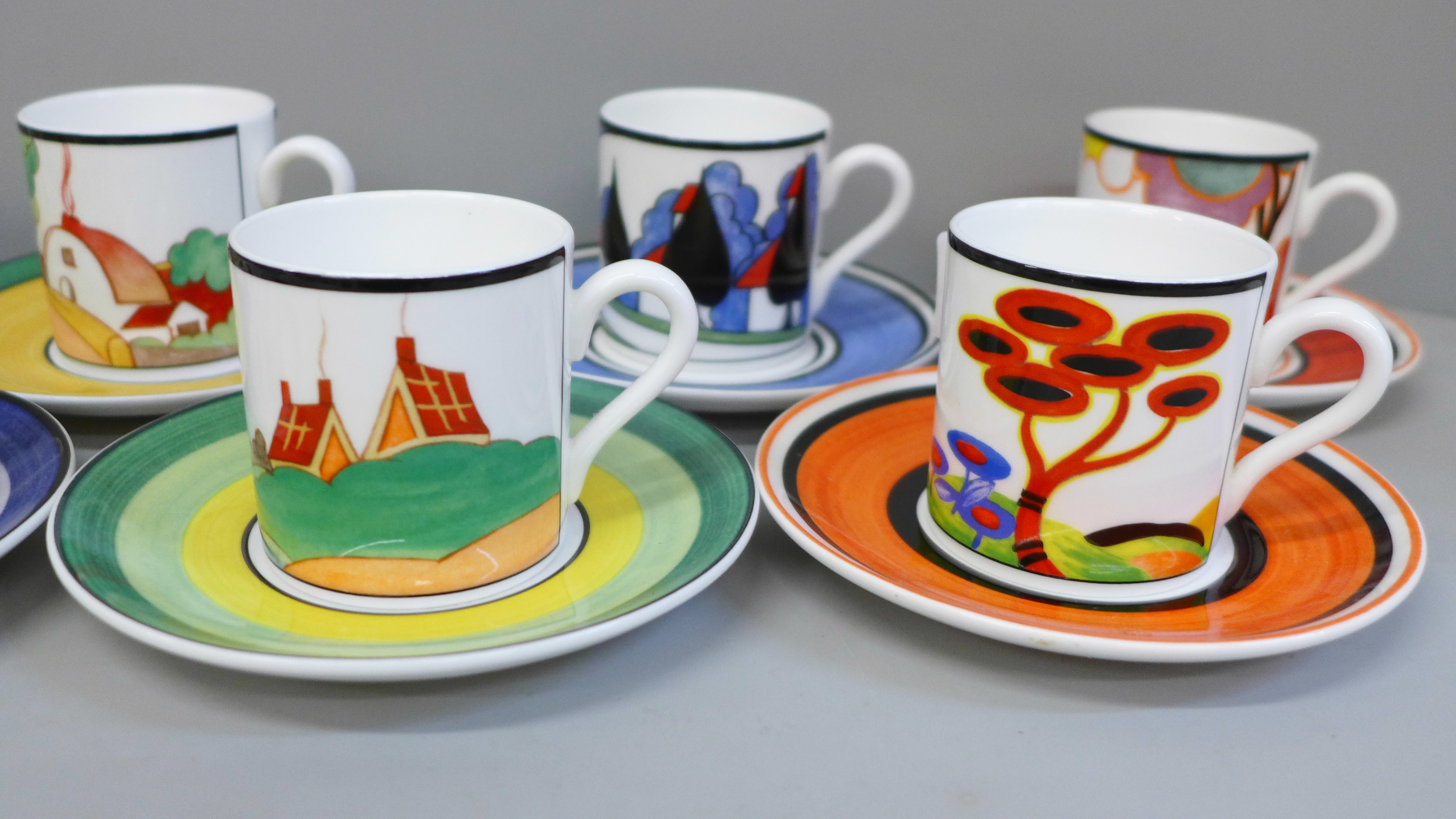 A set of eight Wedgwood Bradford Exchange coffee cans and saucers, Centenary of Clarice Cliff - Image 3 of 4