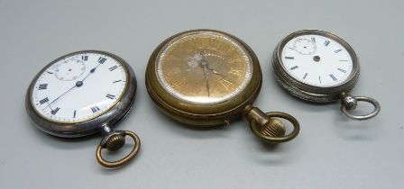 A John Forrest brass mounted pocket watch with engraved dial, a gun metal top wind pocket watch