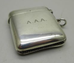 A silver vesta case, engraved front, Birmingham 1919, 43g