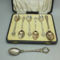 A set of silver spoons, five matching, one other and a silver Norwegian .830 spoon, 59g