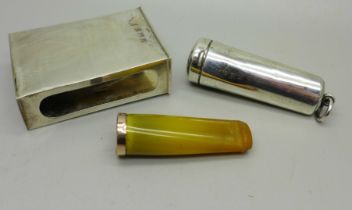 A 9ct gold mounted amber cheroot holder with silver case, Birmingham 1912 and a silver matchbox