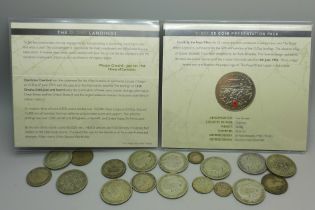 Pre 1947 .500 silver coins, 143g, with a D-Day £5 presentation coin