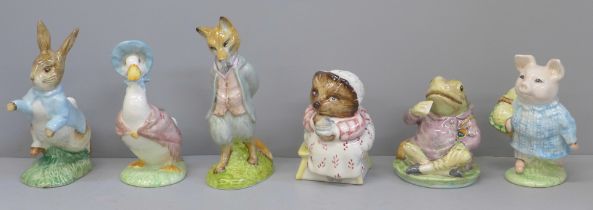 Five Royal Albert and one Beswick Beatrix Potter figures, Jeremy Fisher, Mrs Tiggy Winkle Takes Tea,