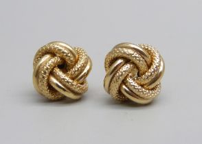 A pair of 9ct gold knot design stud earrings, 1.5g, 1cm knot