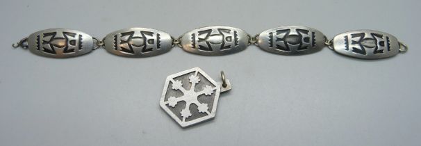 A Jorgen Jensen Danish pewter pendant, no.181 and panel bracelet, no.170A, 19cm