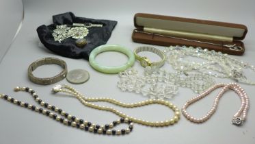 A jade bangle, other jewellery including brooches, necklaces, Charles Horner silver hat pin, etc.