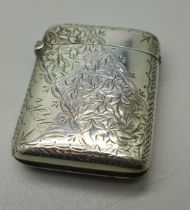 A silver vesta case with hand engraved decoration and initials to corner, Birmingham 1898, 25g